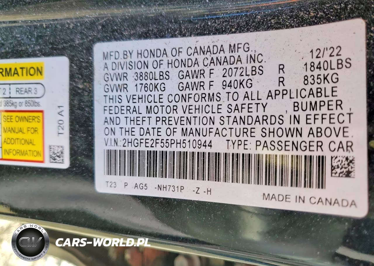 2023 Honda Civic Sport VIN:2HGFE2F55PH510944 - 12