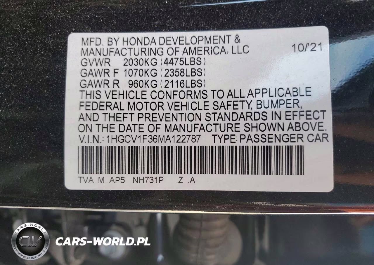 2021 Honda Accord Sport VIN:1HGCV1F36MA122787 - 12