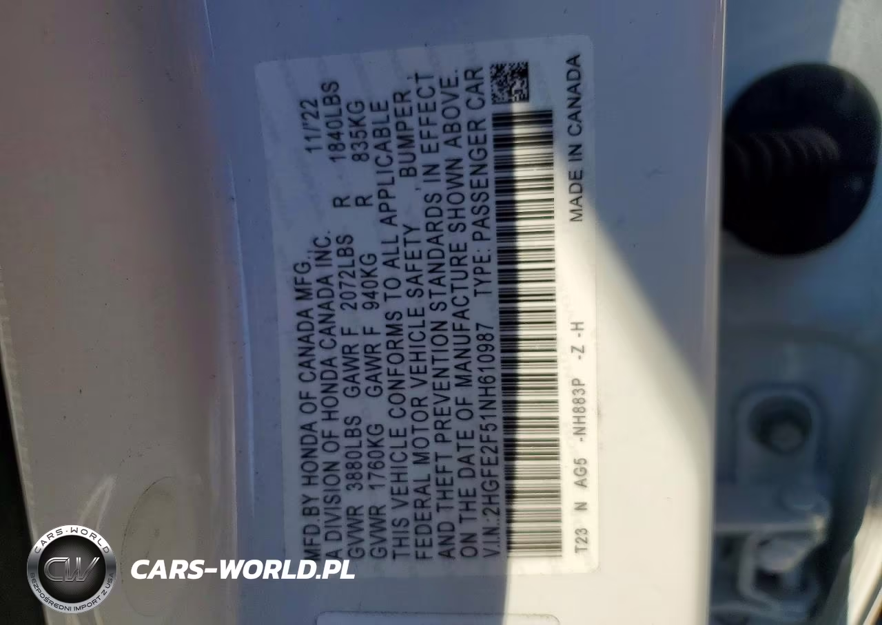 2022 Honda Civic Sport VIN:2HGFE2F51NH610987 - 12