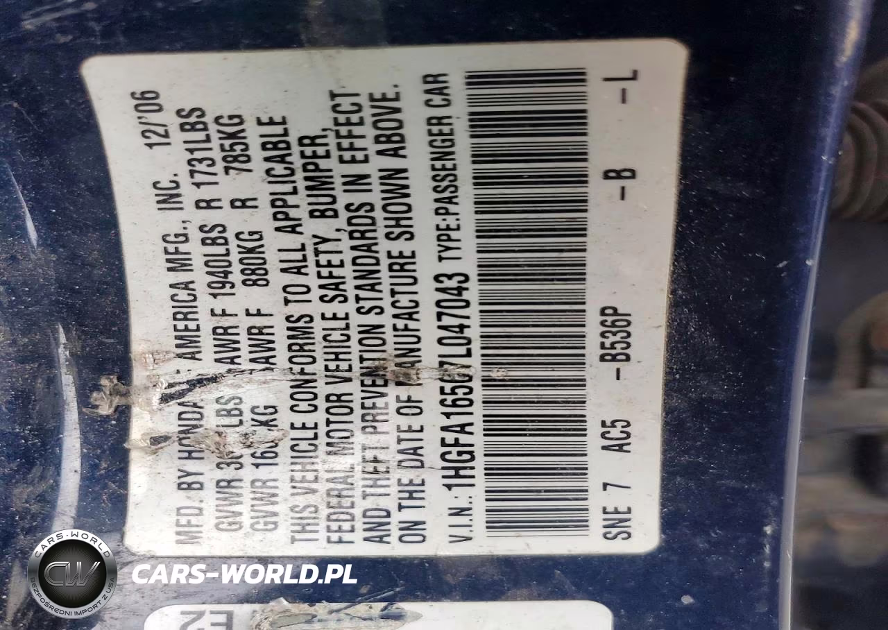 2007 Honda Civic Lx VIN:1HGFA16567L047043 - 12