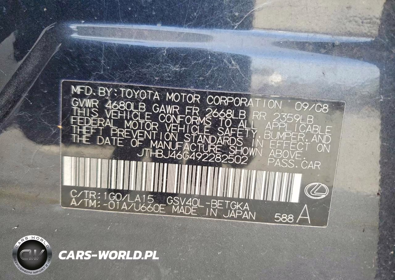 2009 Lexus Es 350 VIN:JTHBJ46G492282502 - 12