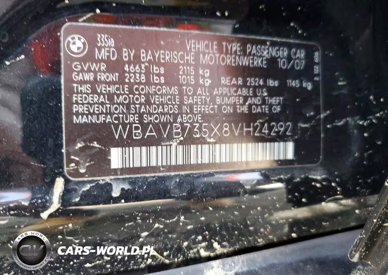 2008 BMW 335 I VIN:WBAVB735X8VH24292 - 12