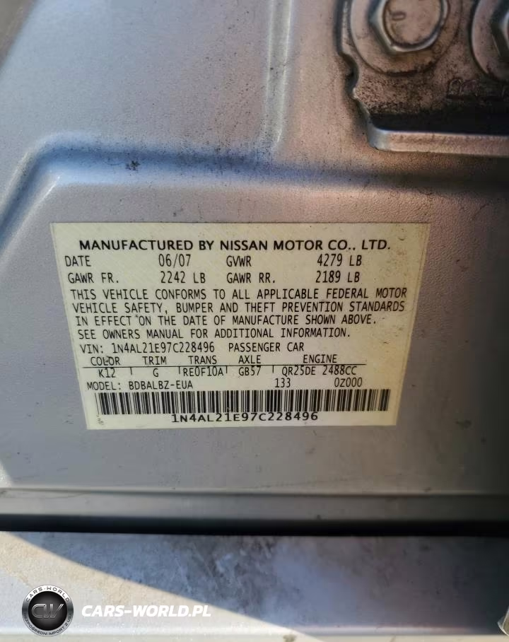 2007 Nissan Altima 2.5 VIN:1N4AL21E97C228496 - 13