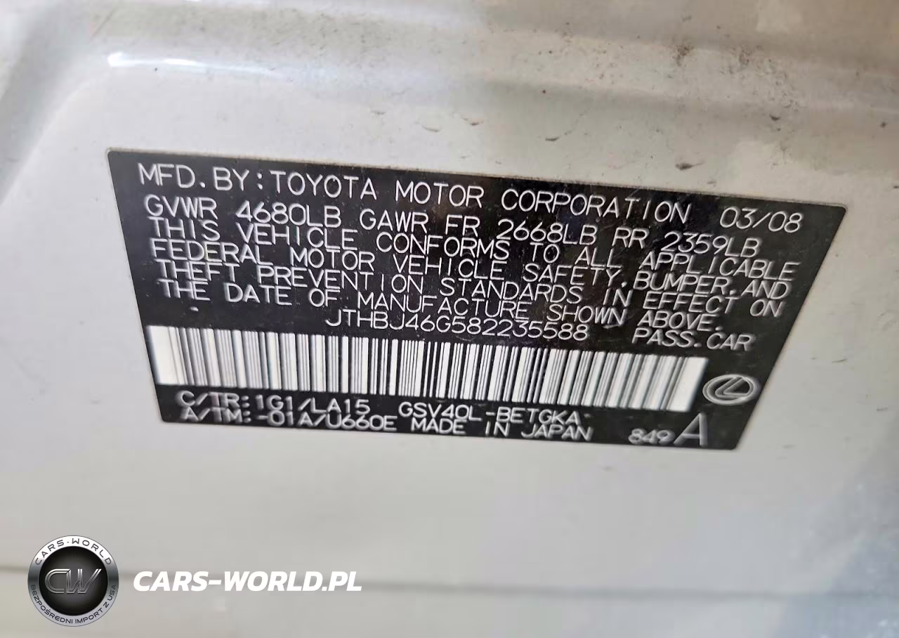 2008 Lexus Es 350 Base VIN:JTHBJ46G582235588 - 12