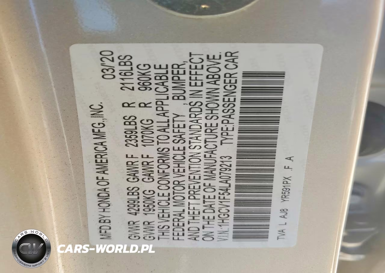 2020 Honda Accord Exl VIN:1HGCV1F54LA079213 - 12
