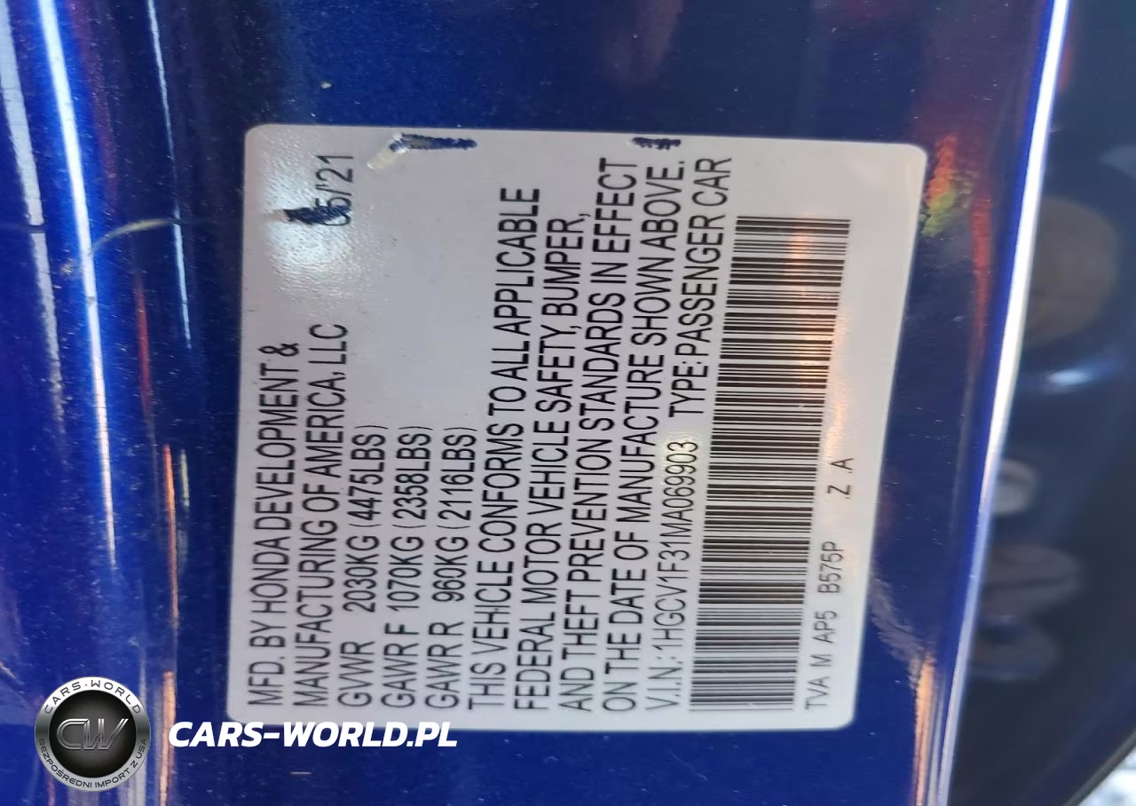 2021 Honda Accord Sport VIN:1HGCV1F31MA069903 - 13