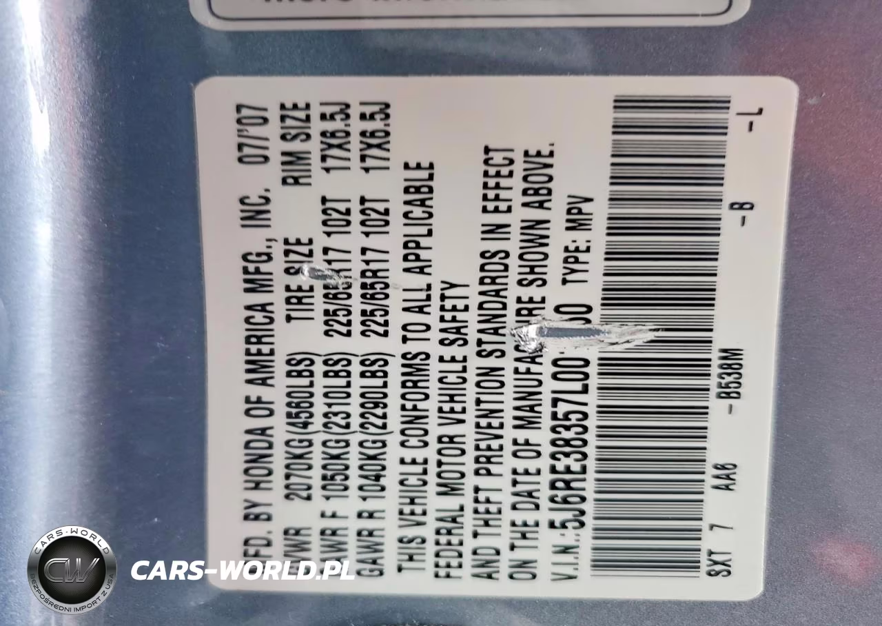 2007 Honda Cr-V Lx VIN:5J6RE38357L001060 - 13