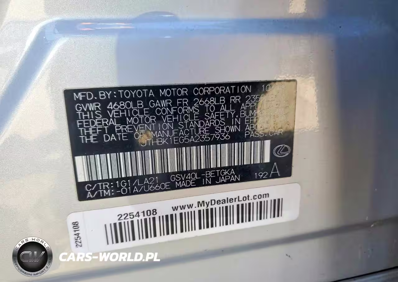 2010 Lexus Es 350 Base VIN:JTHBK1EG5A2357936 - 12