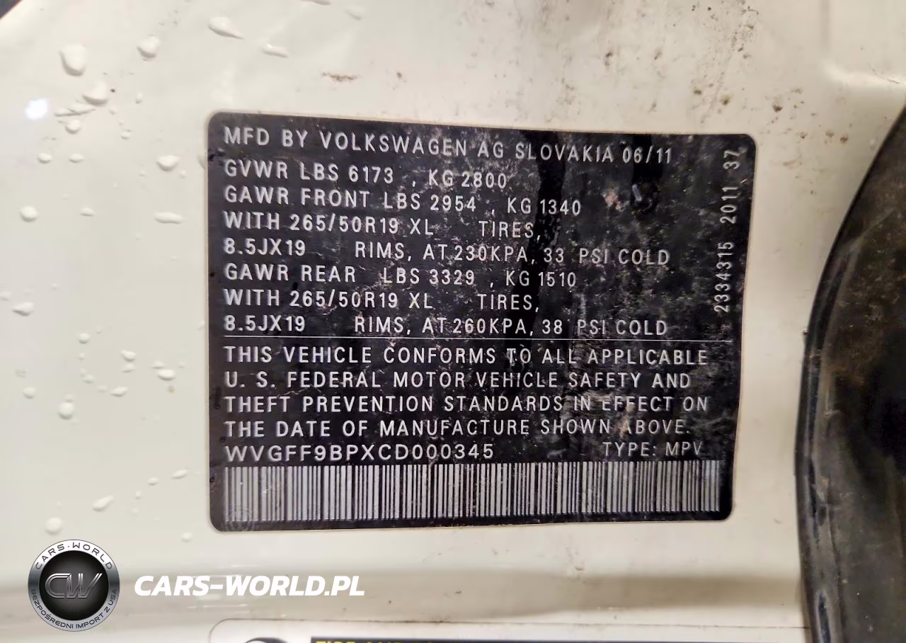 2012 Volkswagen Touareg V6 VIN:WVGFF9BPXCD000345 - 13
