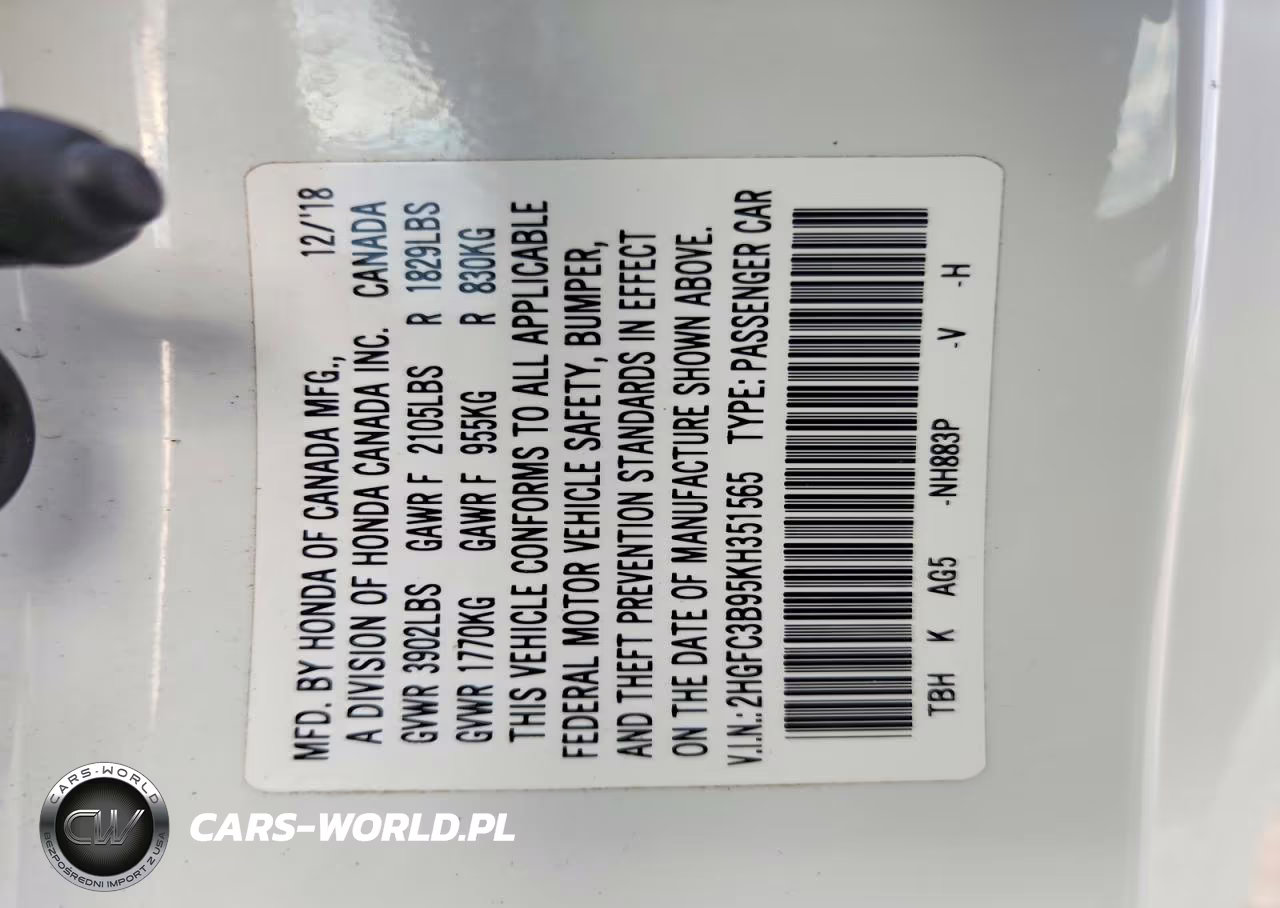 2019 Honda Civic Touring VIN:2HGFC3B95KH351565 - 12