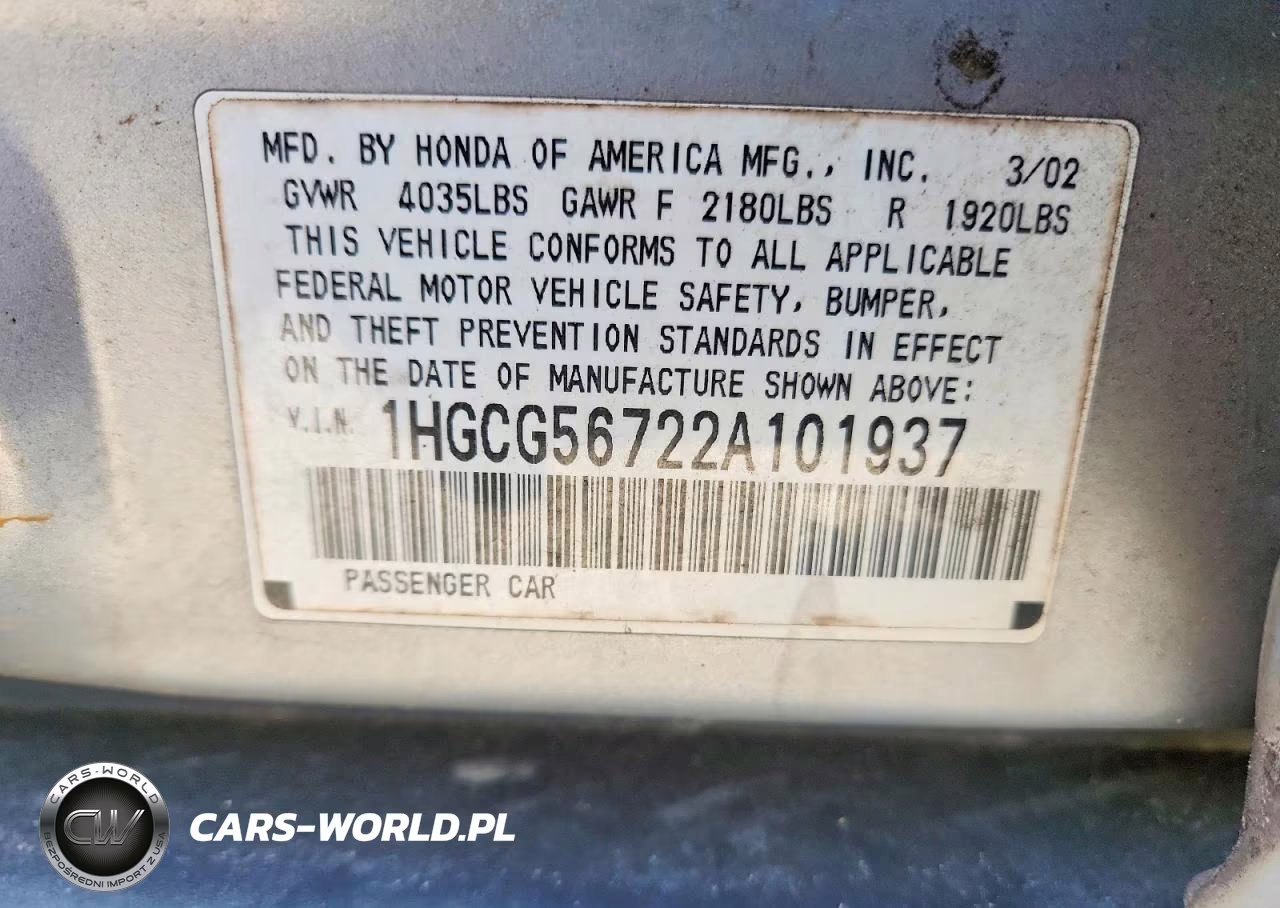 2002 Honda Accord Se VIN:1HGCG56722A101937 - 12