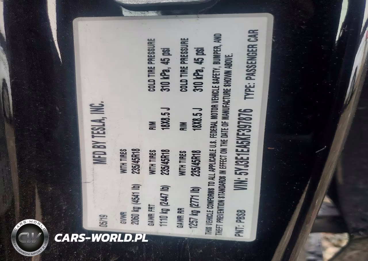 2019 Tesl Model 3 VIN:5YJ3E1EA5KF397876 - 12