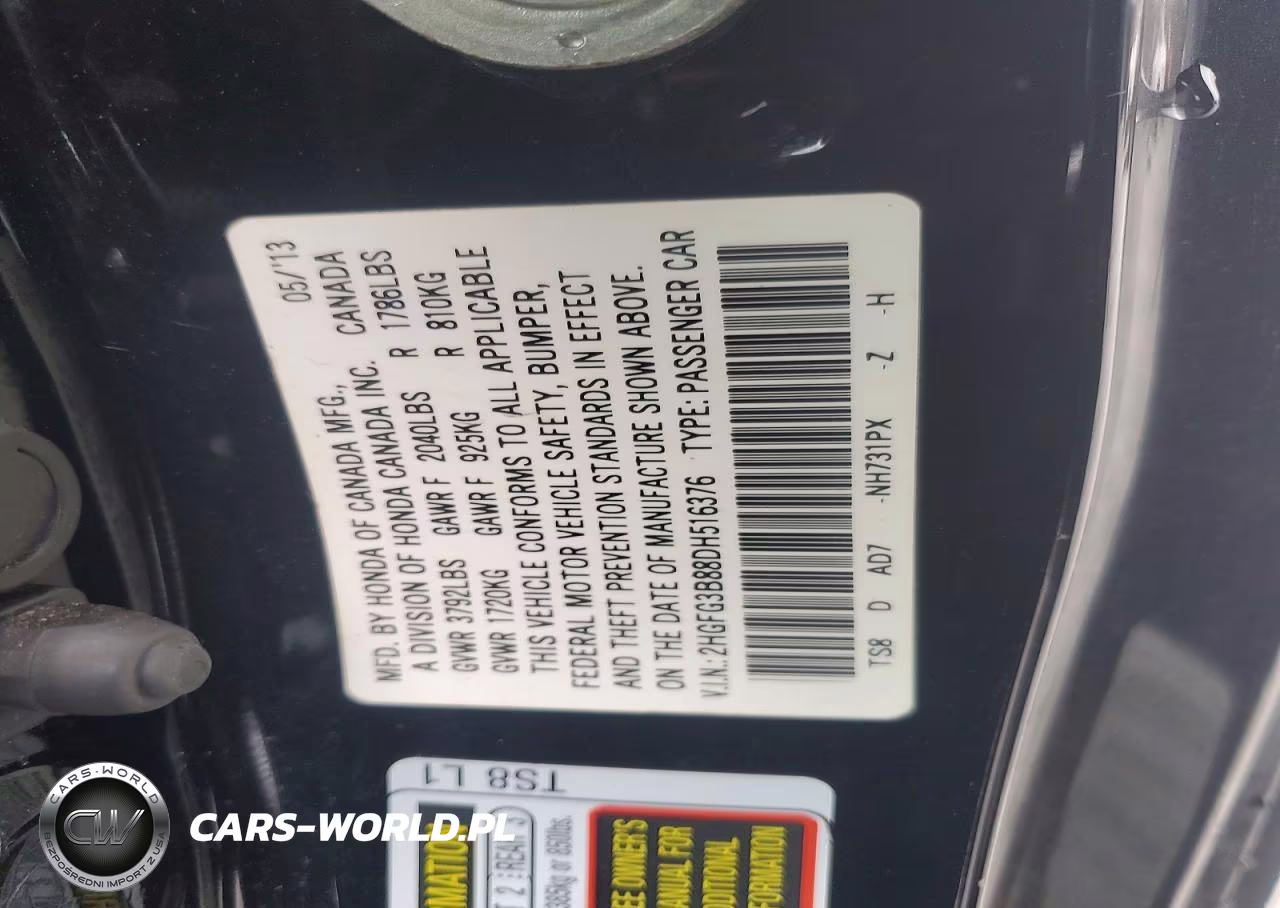 2013 Honda Civic Ex VIN:2HGFG3B88DH516376 - 12