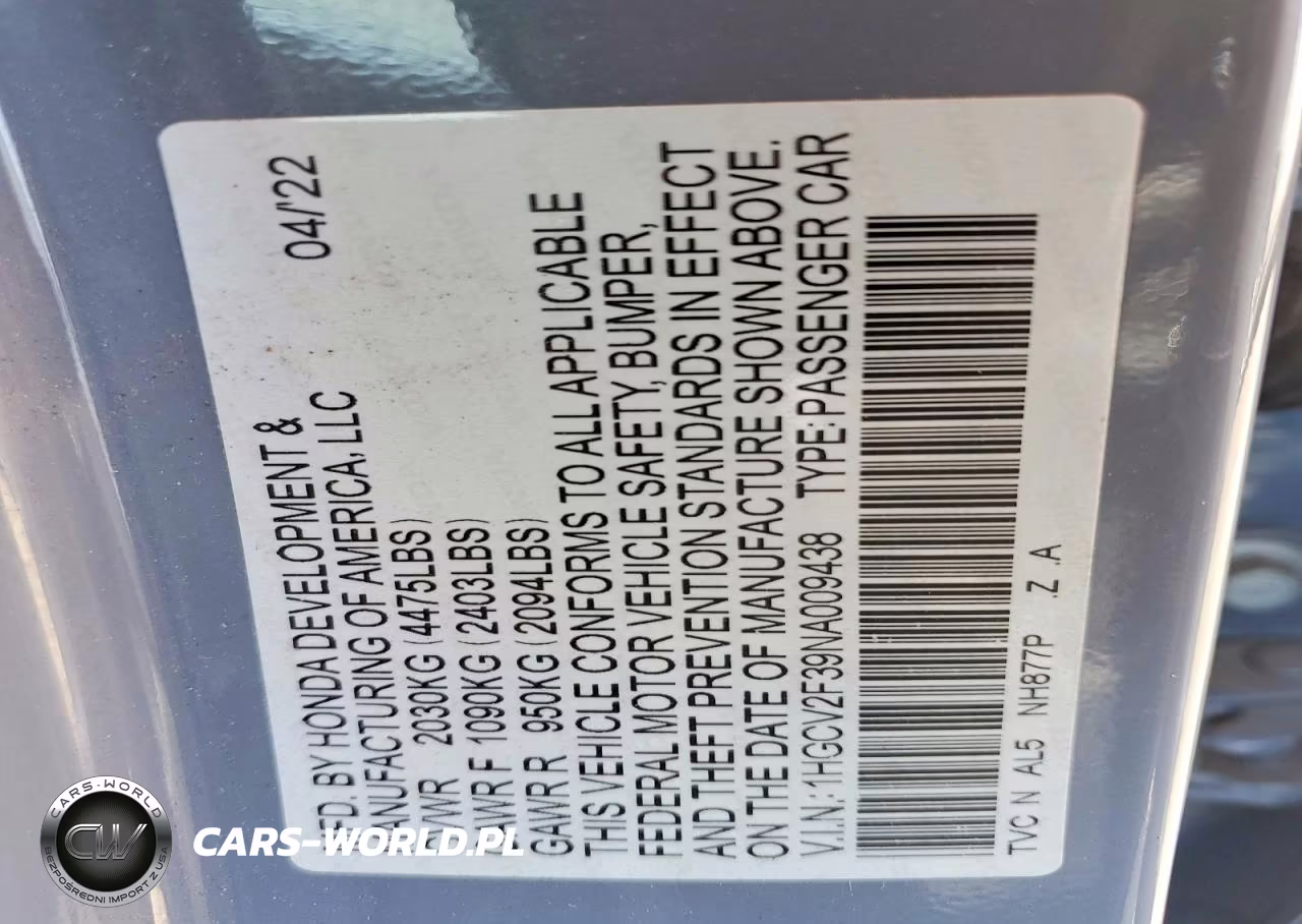 2022 Hond Accord VIN:1HGCV2F39NA009438 - 12