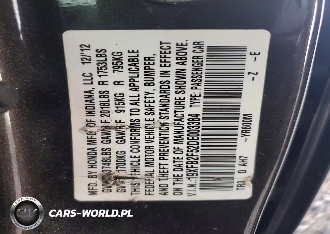 2013 Honda Civic Lx VIN:19XFB2F52DE003384 - 12