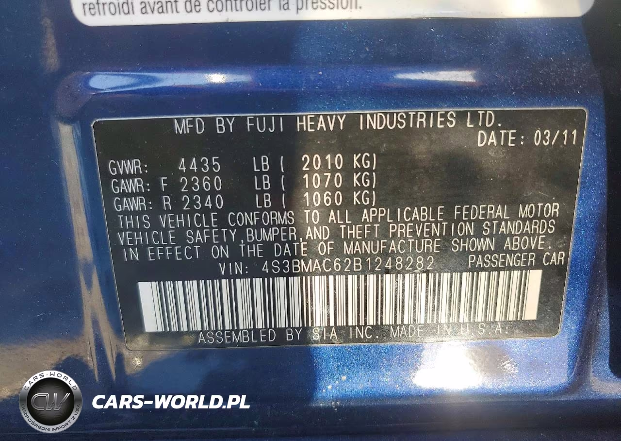 2011 Subaru Legacy 2.5I Premium VIN:4S3BMAC62B1248282 - 12