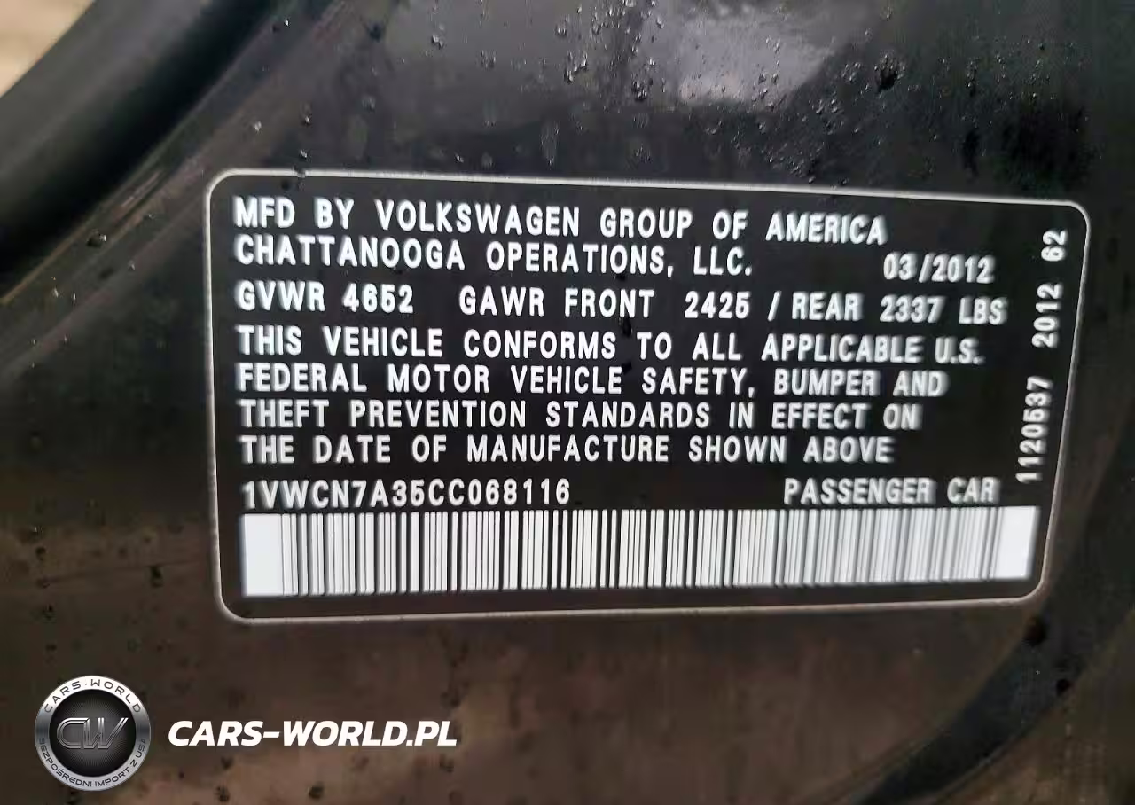 2012 Volkswagen Passat Sel VIN:1VWCN7A35CC068116 - 12