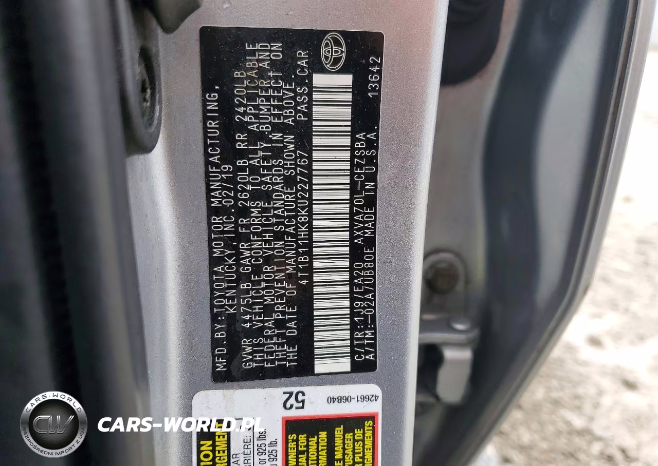 2019 Toyota Camry Se VIN:4T1B11HK8KU227767 - 12