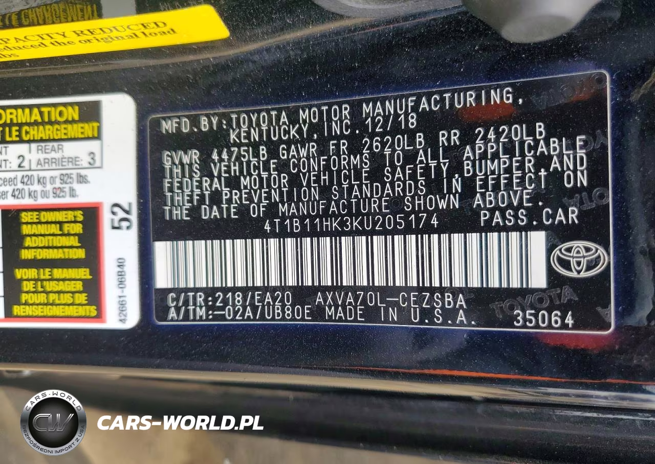 2019 Toyota Camry Se VIN:4T1B11HK3KU205174 - 12