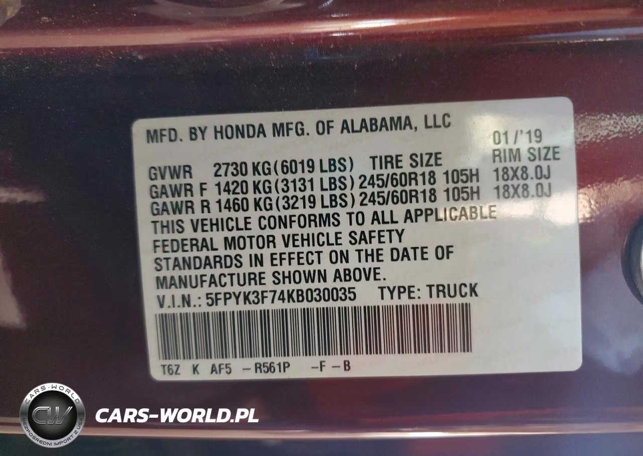 2019 Honda Ridgeline Rtl VIN:5FPYK3F74KB030035 - 13