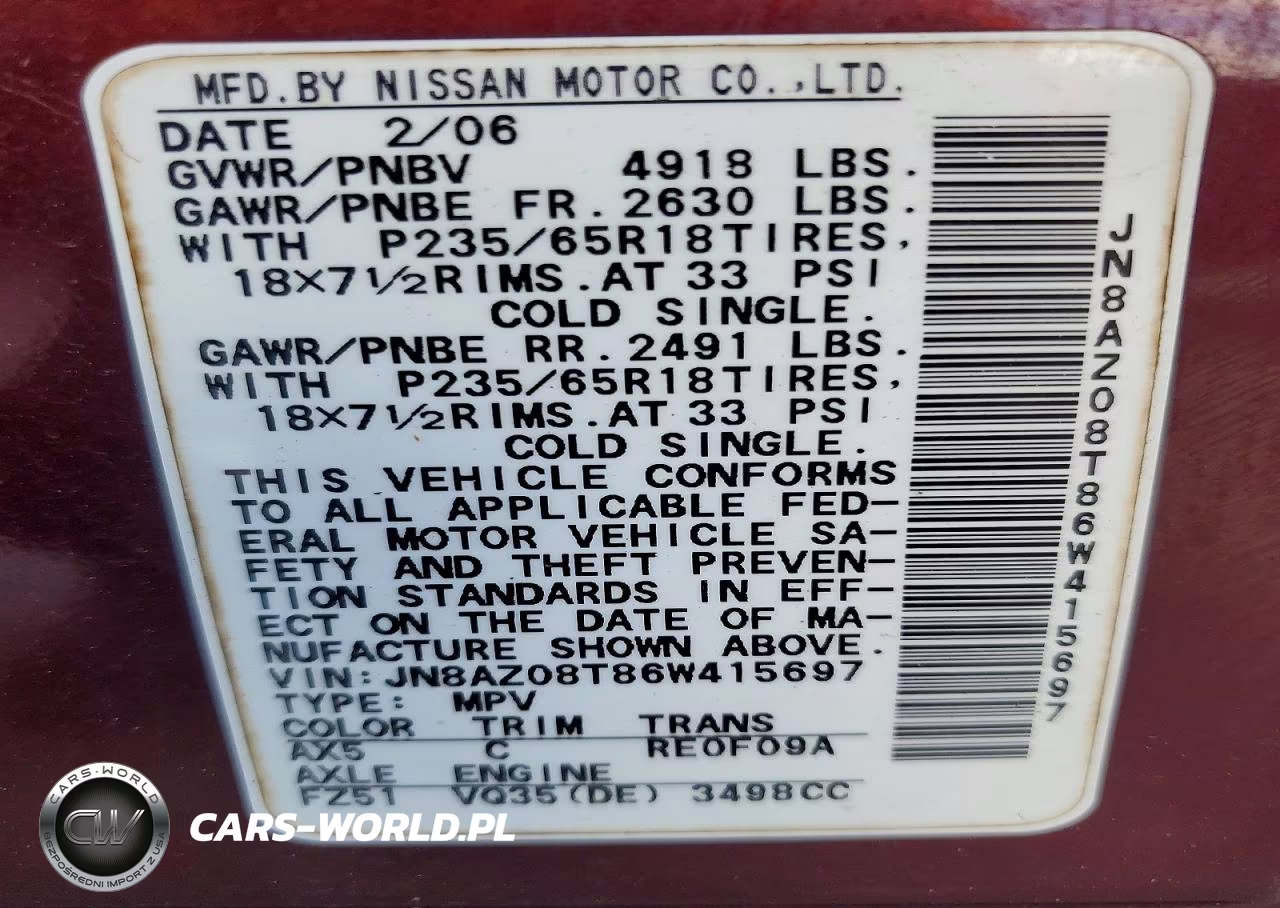 2006 Nissan Murano S VIN:JN8AZ08T86W415697 - 13