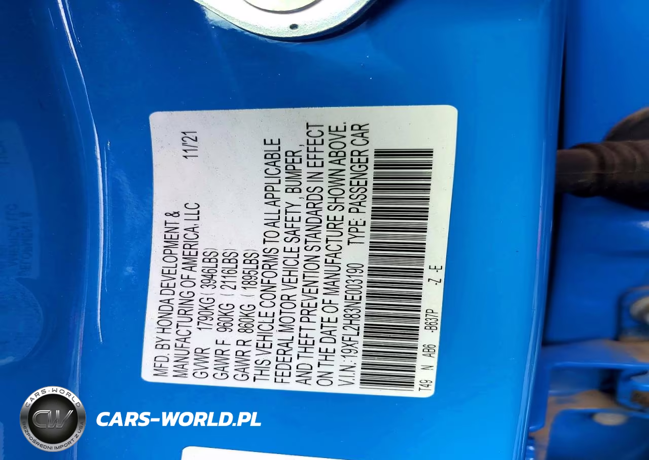 2022 Honda Civic Sport VIN:19XFL2H83NE003190 - 12
