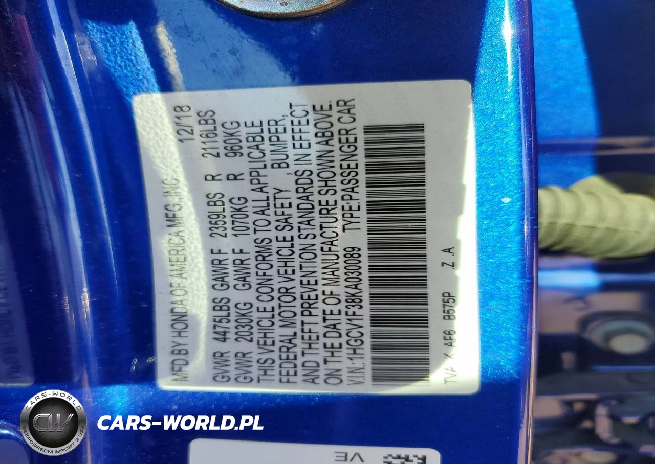 2019 Honda Accord Sport VIN:1HGCV1F38KA030089 - 13