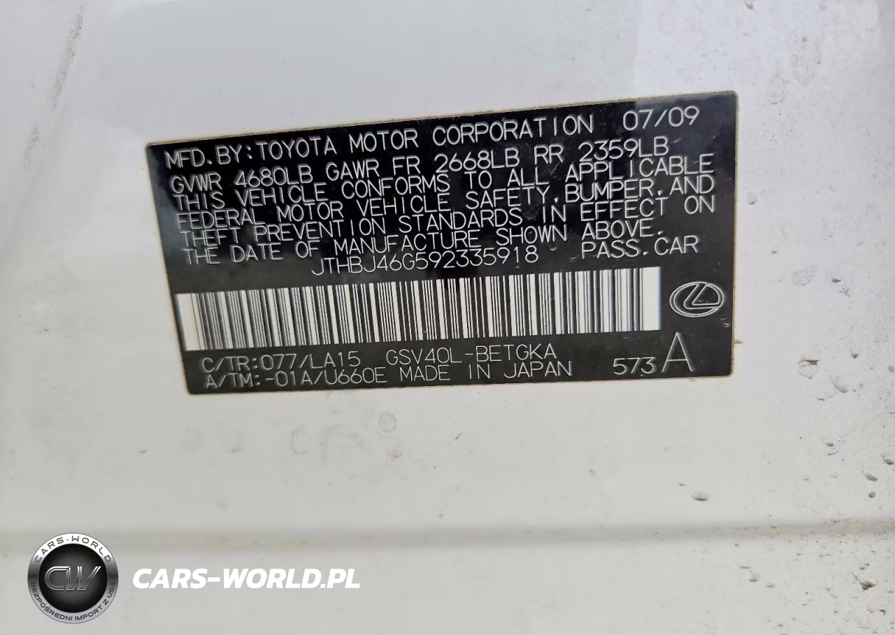 2009 Lexus Es 350 Base VIN:JTHBJ46G592335918 - 12