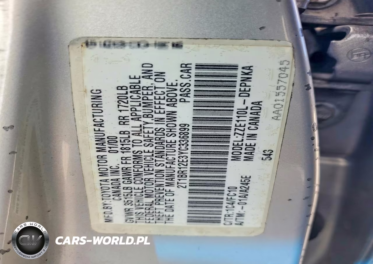 2000 Toyota Corolla Ve VIN:2T1BR12E3YC336899 - 12