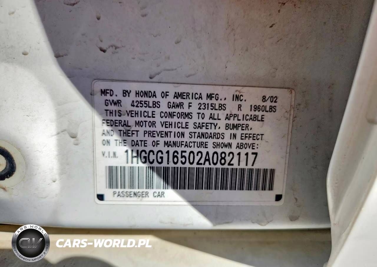 2002 Honda Accord Sedan Ex Auto VIN:1HGCG16502A082117 - 12