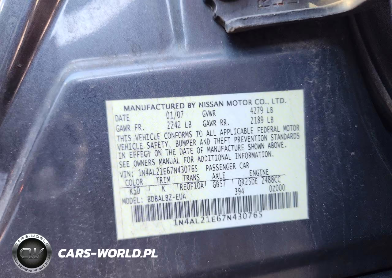 2007 Nissan Altima 2.5 VIN:1N4AL21E67N430765 - 12