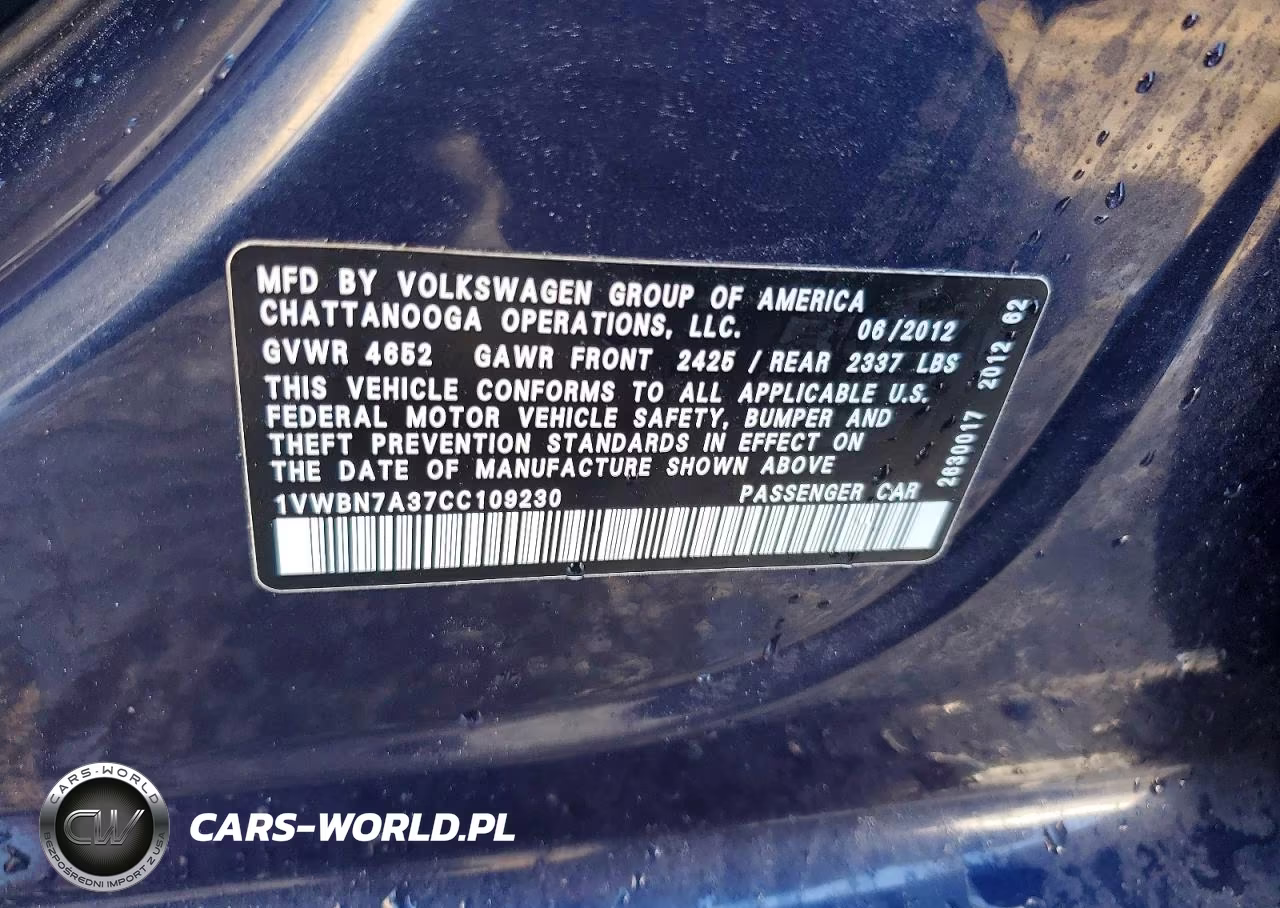 2012 Volkswagen Passat Se VIN:1VWBN7A37CC109230 - 12