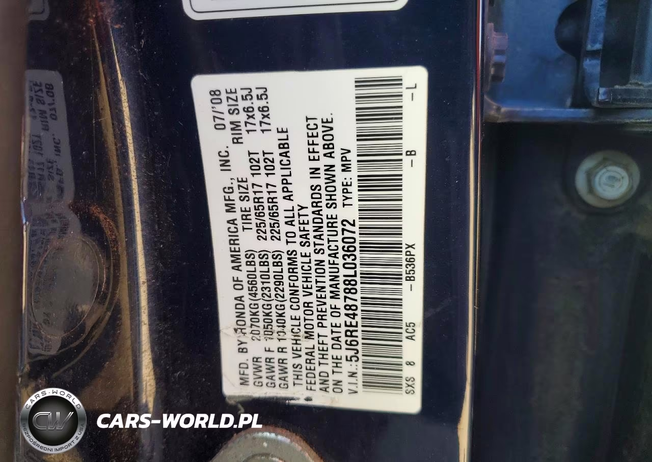 2008 Honda Cr-V Exl VIN:5J6RE48788L036072 - 13