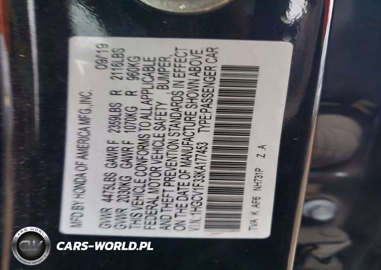 2019 Honda Accord Sport VIN:1HGCV1F33KA177453 - 12