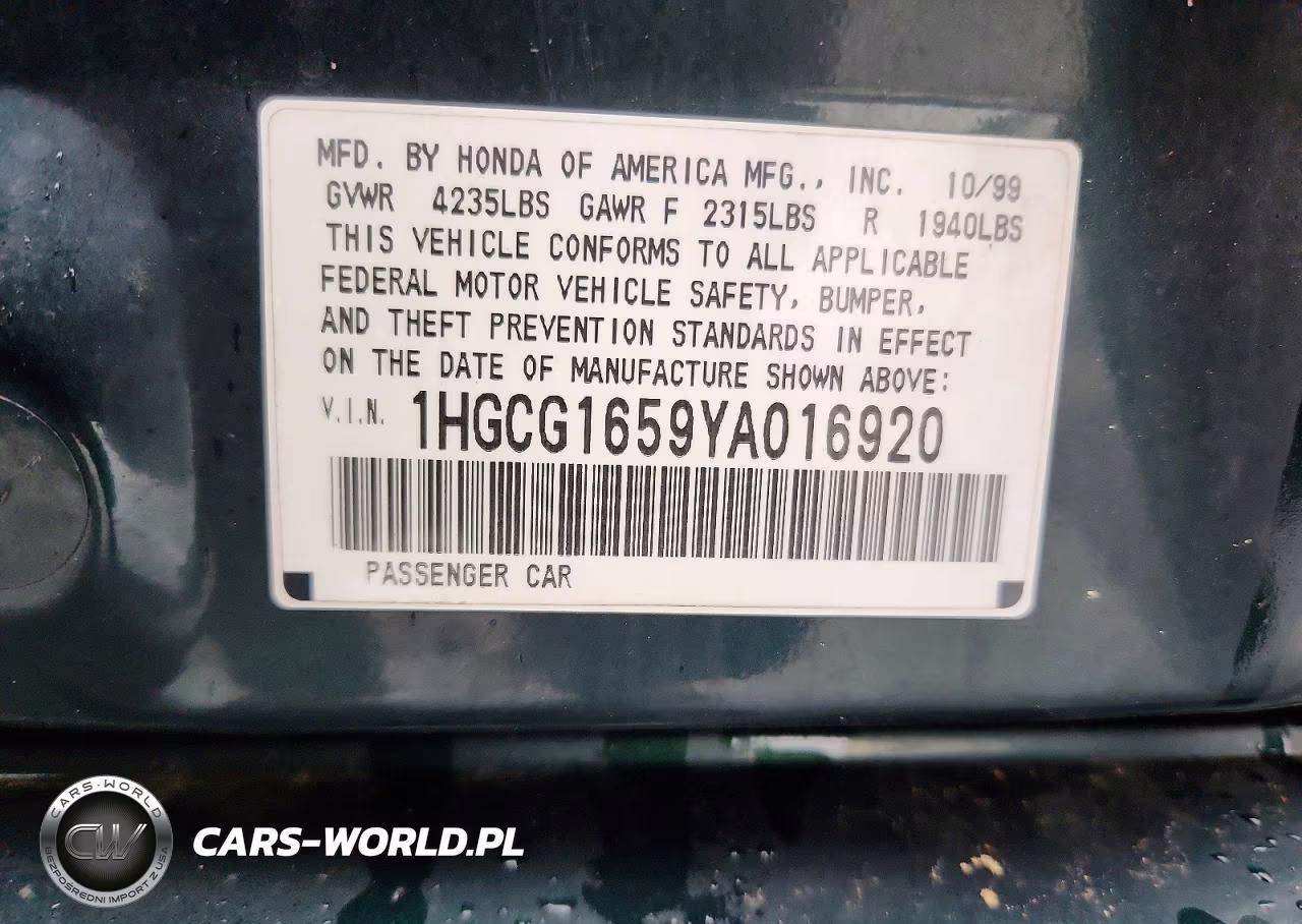 2000 Honda Accord VIN:1HGCG1659YA016920 - 12