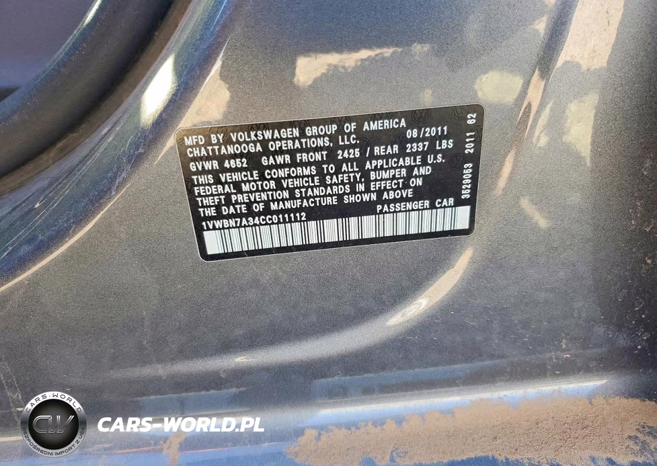 2012 Volkswagen Passat Se VIN:1VWBN7A34CC011112 - 12