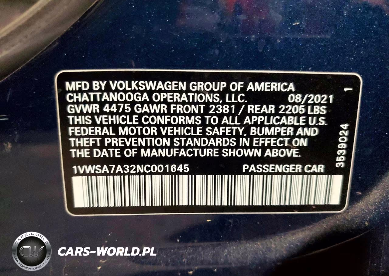 2022 Volkswagen Passat Se VIN:1VWSA7A32NC001645 - 12