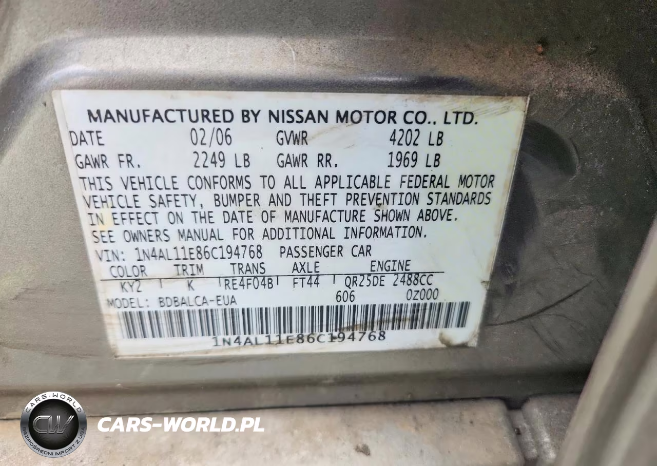 2006 Niss Altima VIN:1N4AL11E86C194768 - 12
