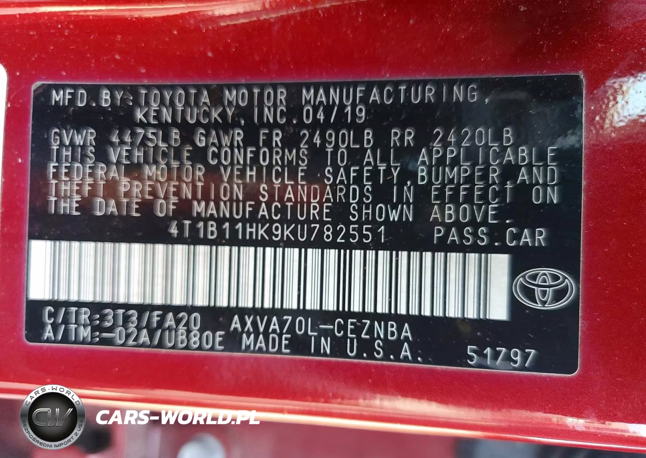 2019 Toyota Camry Le VIN:4T1B11HK9KU782551 - 12