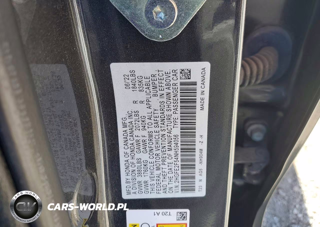 2022 Honda Civic Sport VIN:2HGFE2F54NH594056 - 12