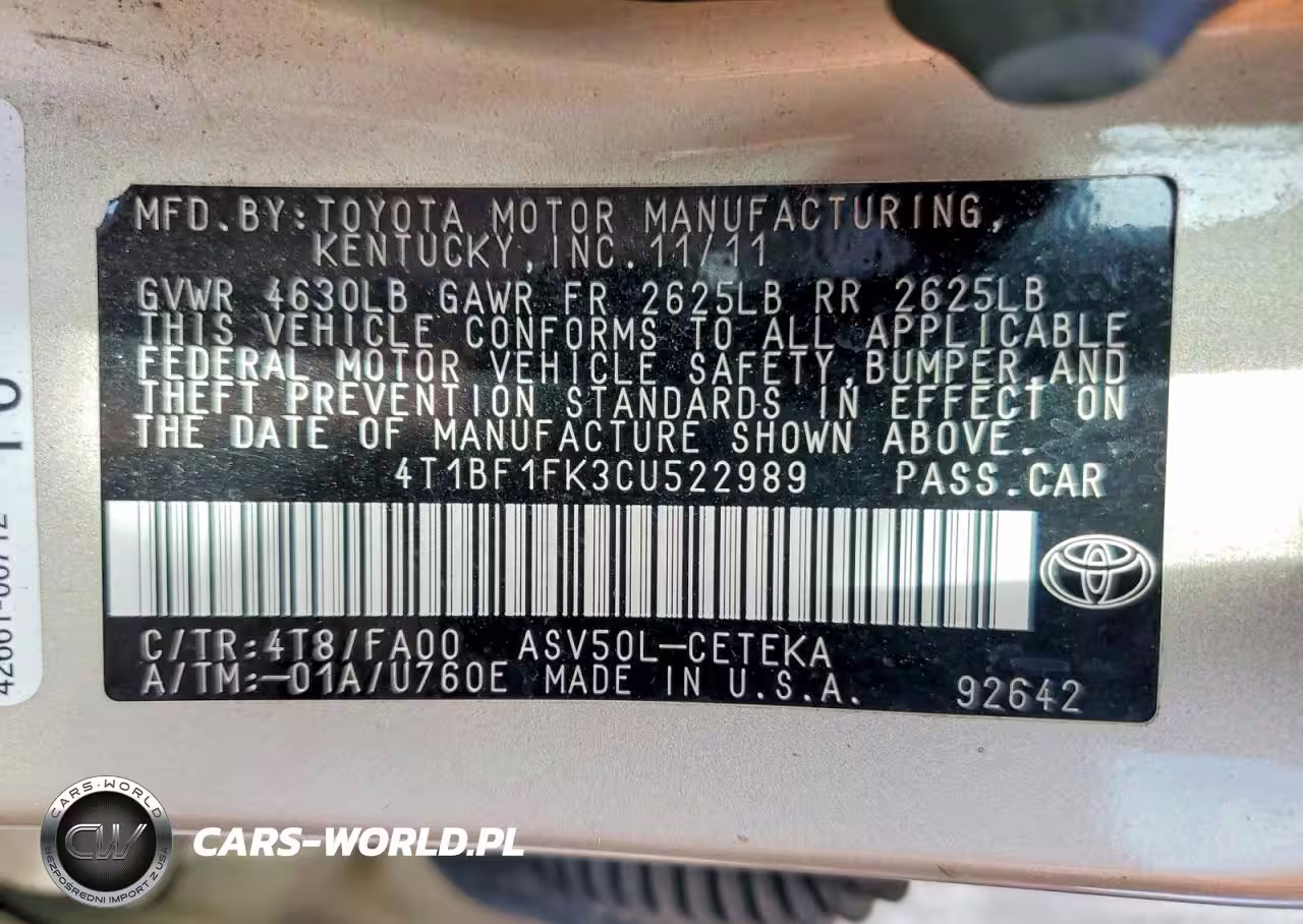 2012 Toyota Camry L VIN:4T1BF1FK3CU522989 - 12