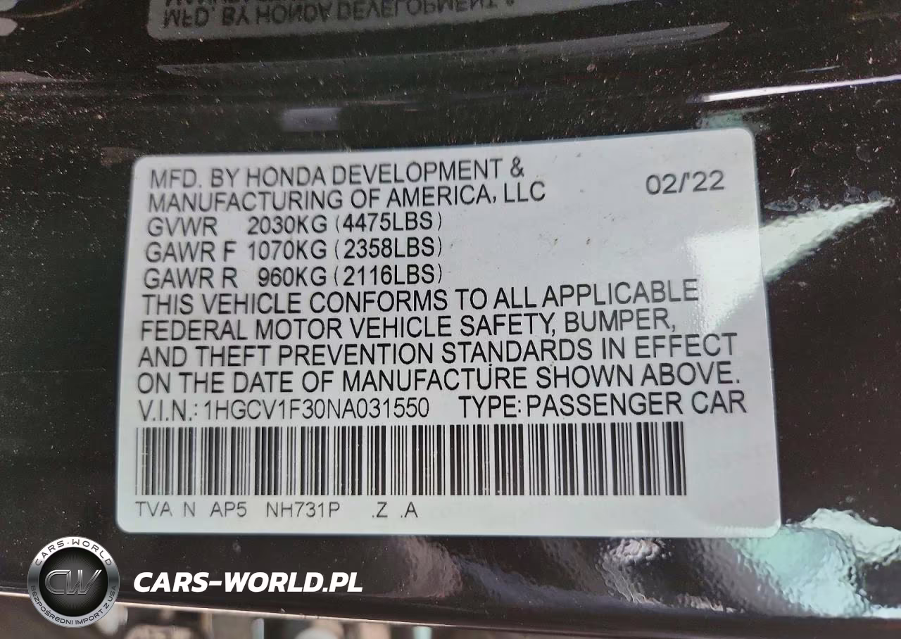 2022 Honda Accord Sport VIN:1HGCV1F30NA031550 - 12