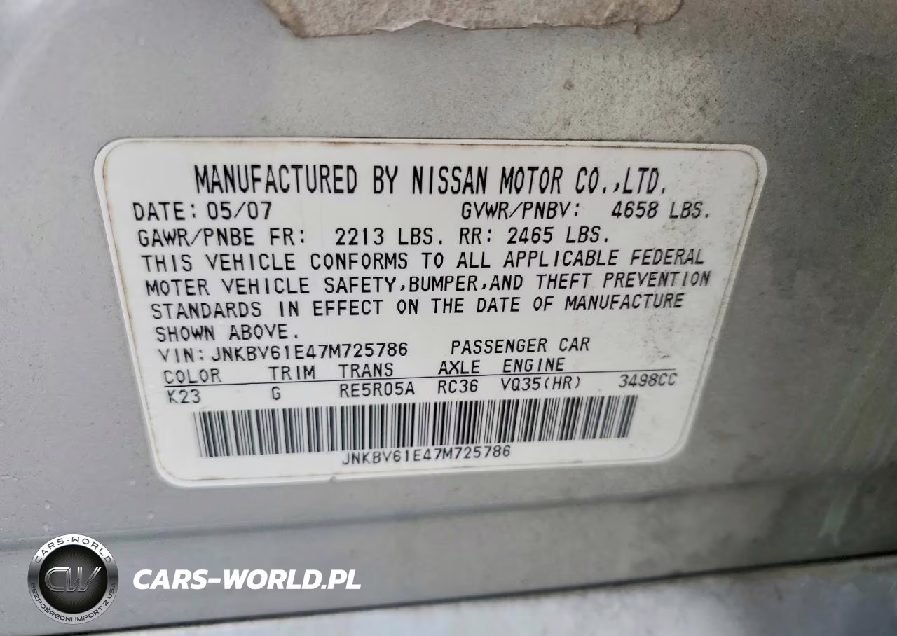 2007 Infiniti G35 Base VIN:JNKBV61E47M725786 - 12