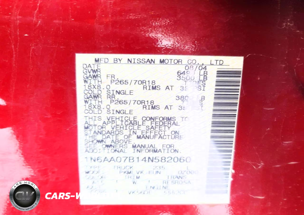 2004 Nissan Titan Xe VIN:1N6AA07B14N582060 - 12