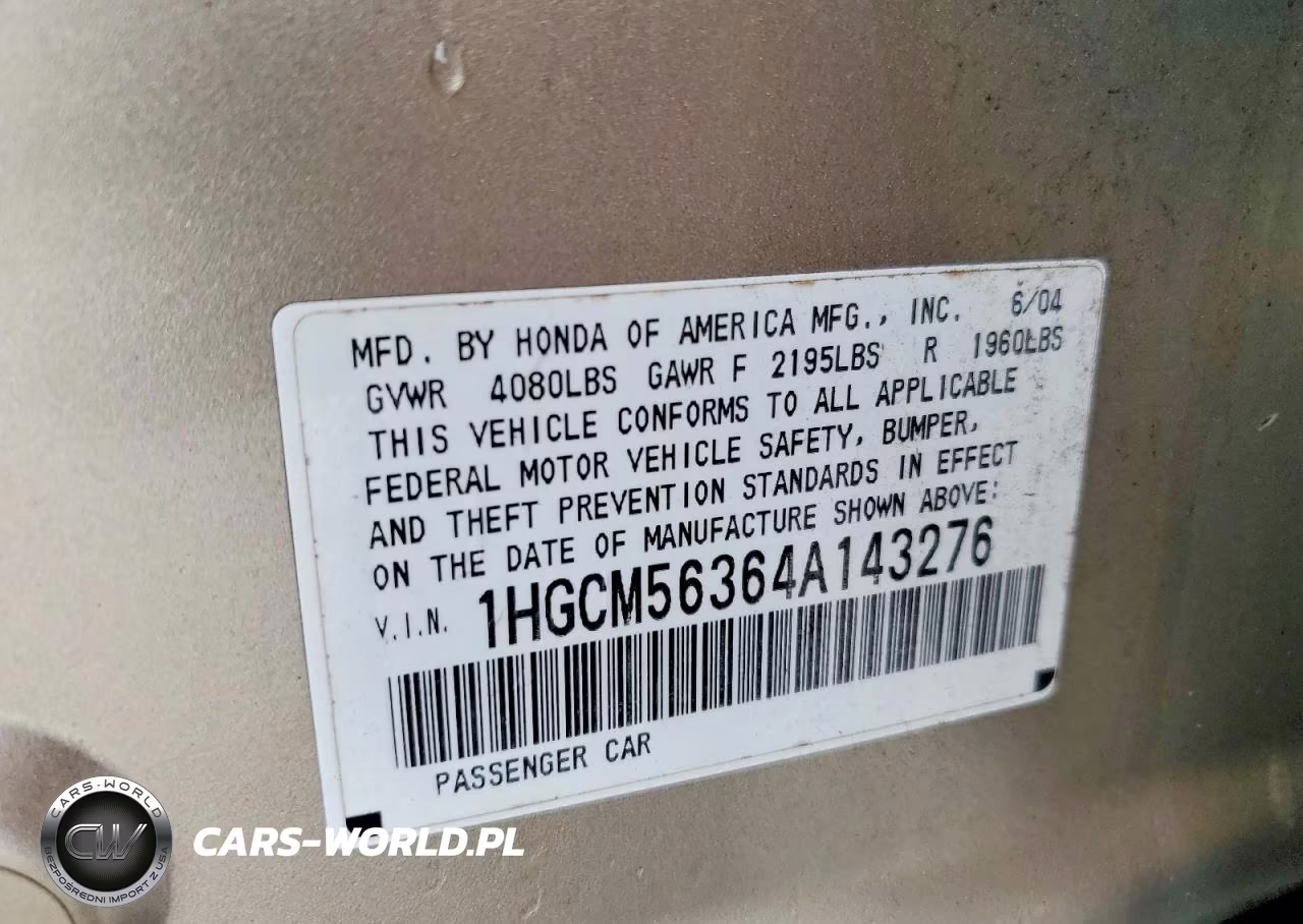 2004 Honda Accord Lx VIN:1HGCM56364A143276 - 12
