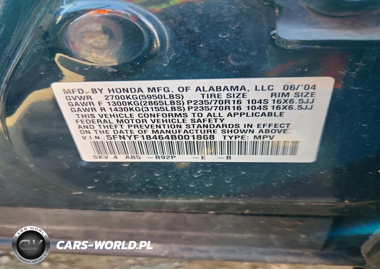 2004 Honda Pilot Ex VIN:5FNYF18464B001868 - 13