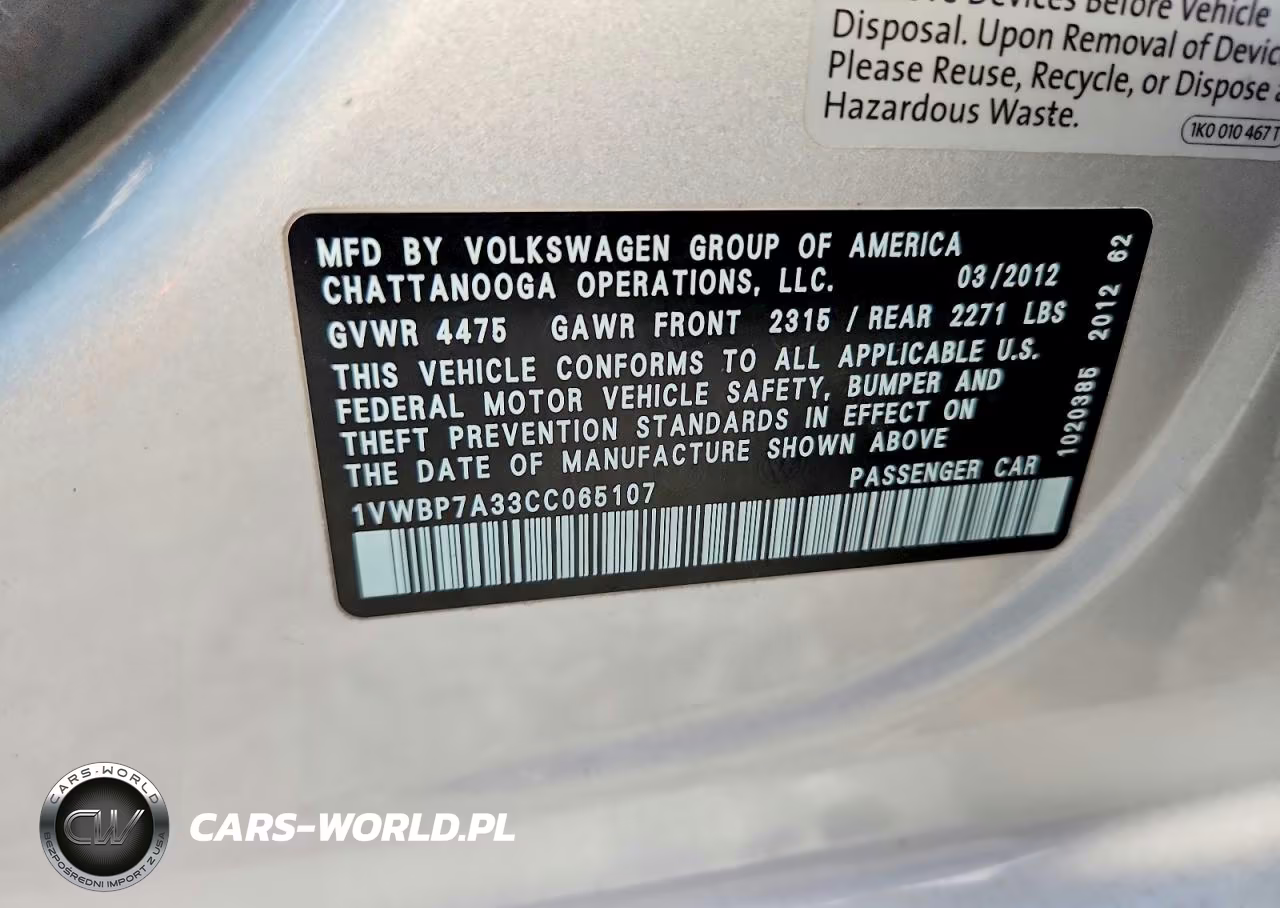 2012 Volkswagen Passat VIN:1VWBP7A33CC065107 - 12