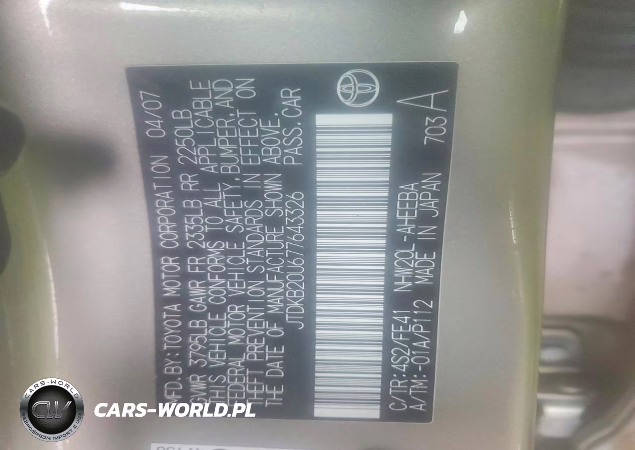 2007 Toyota Prius Base VIN:JTDKB20U677643326 - 14