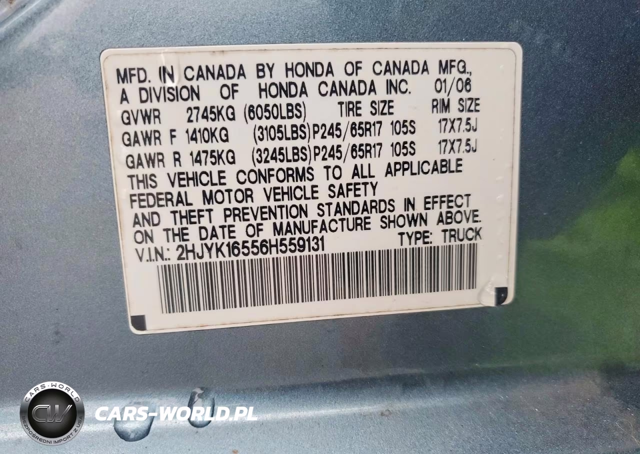 2006 Honda Ridgeline Rtl VIN:2HJYK16556H559131 - 12