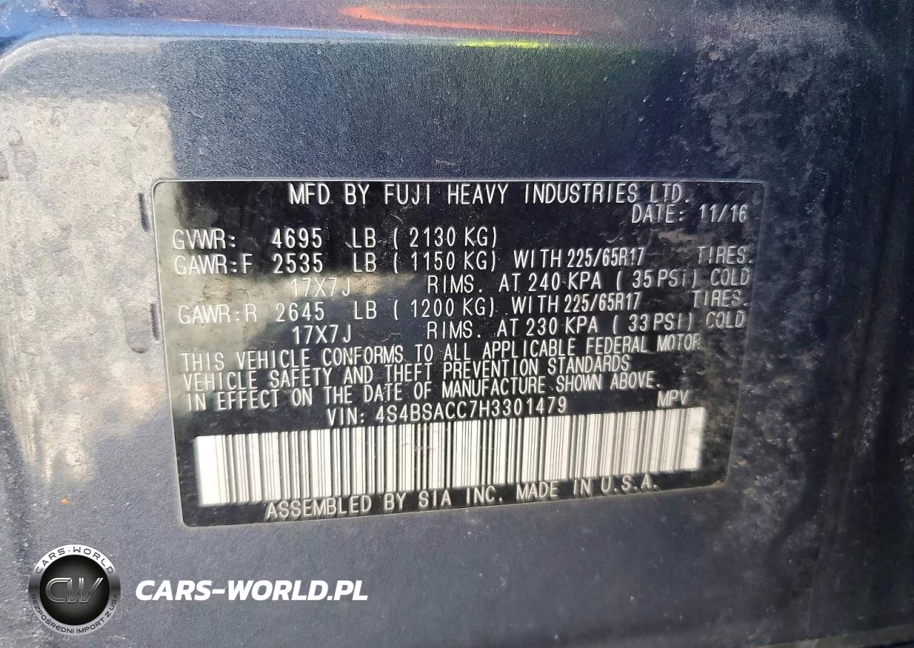 2017 Subaru Outback 2.5I Premium VIN:4S4BSACC7H3301479 - 12